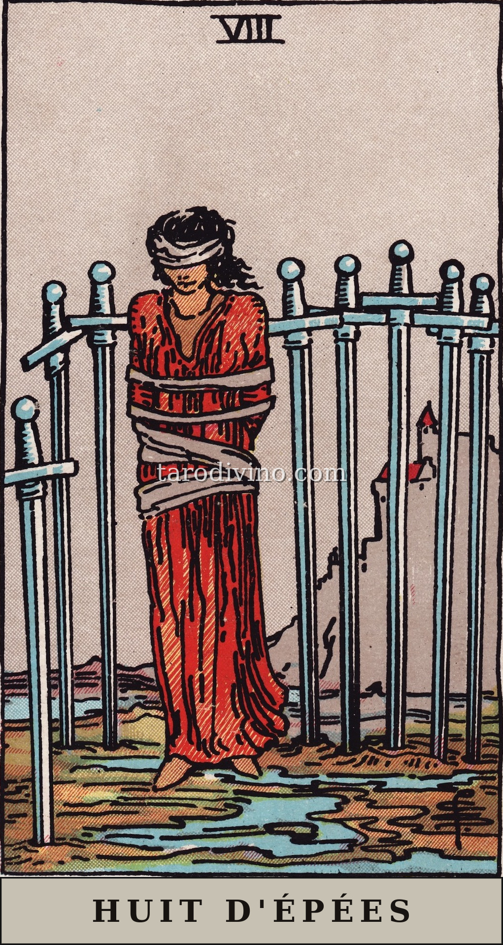 La carte Huit d'Épées du tarot Rider-Waite-Smith