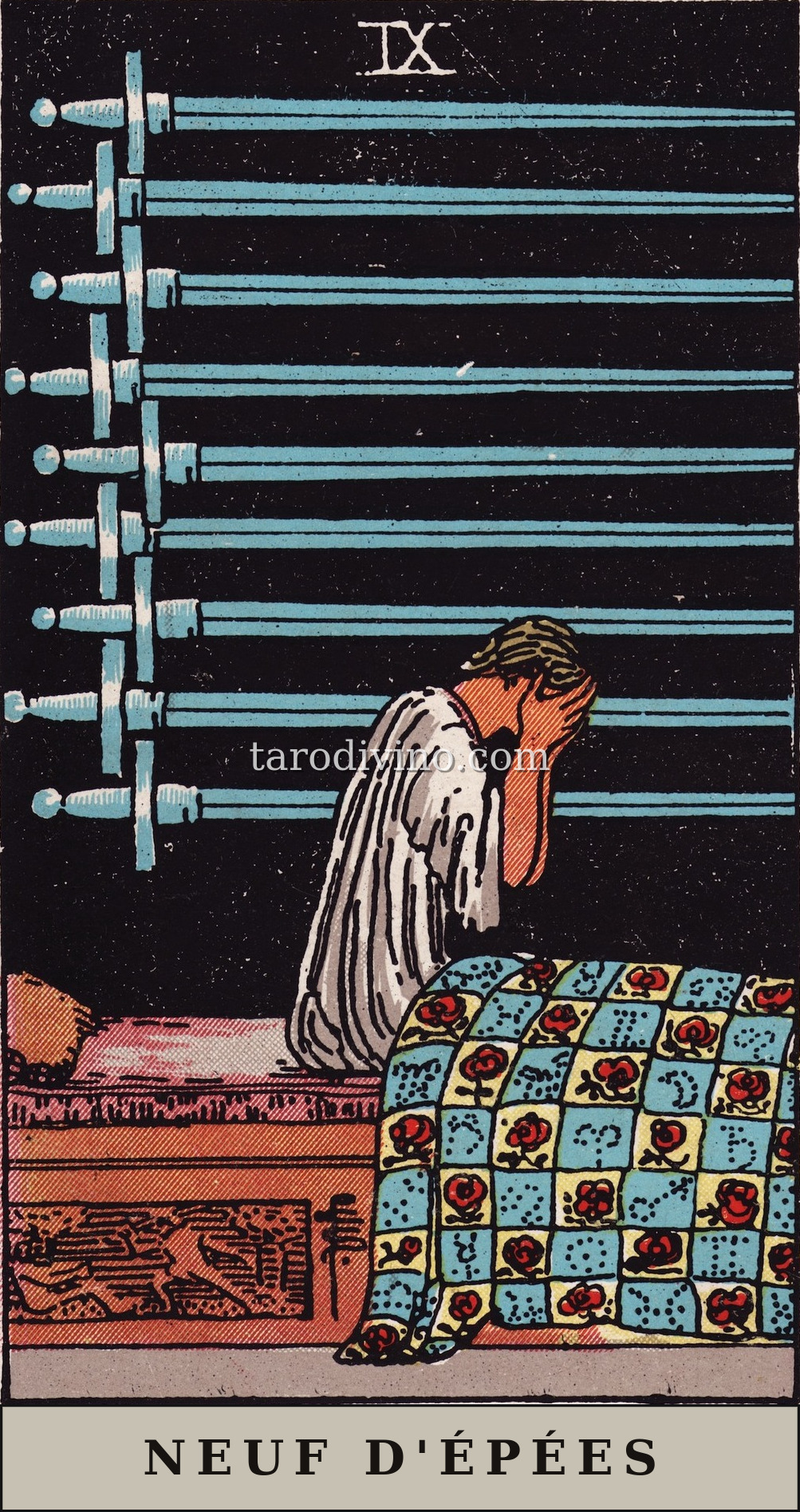 La carte Neuf d'Épées du tarot Rider-Waite-Smith
