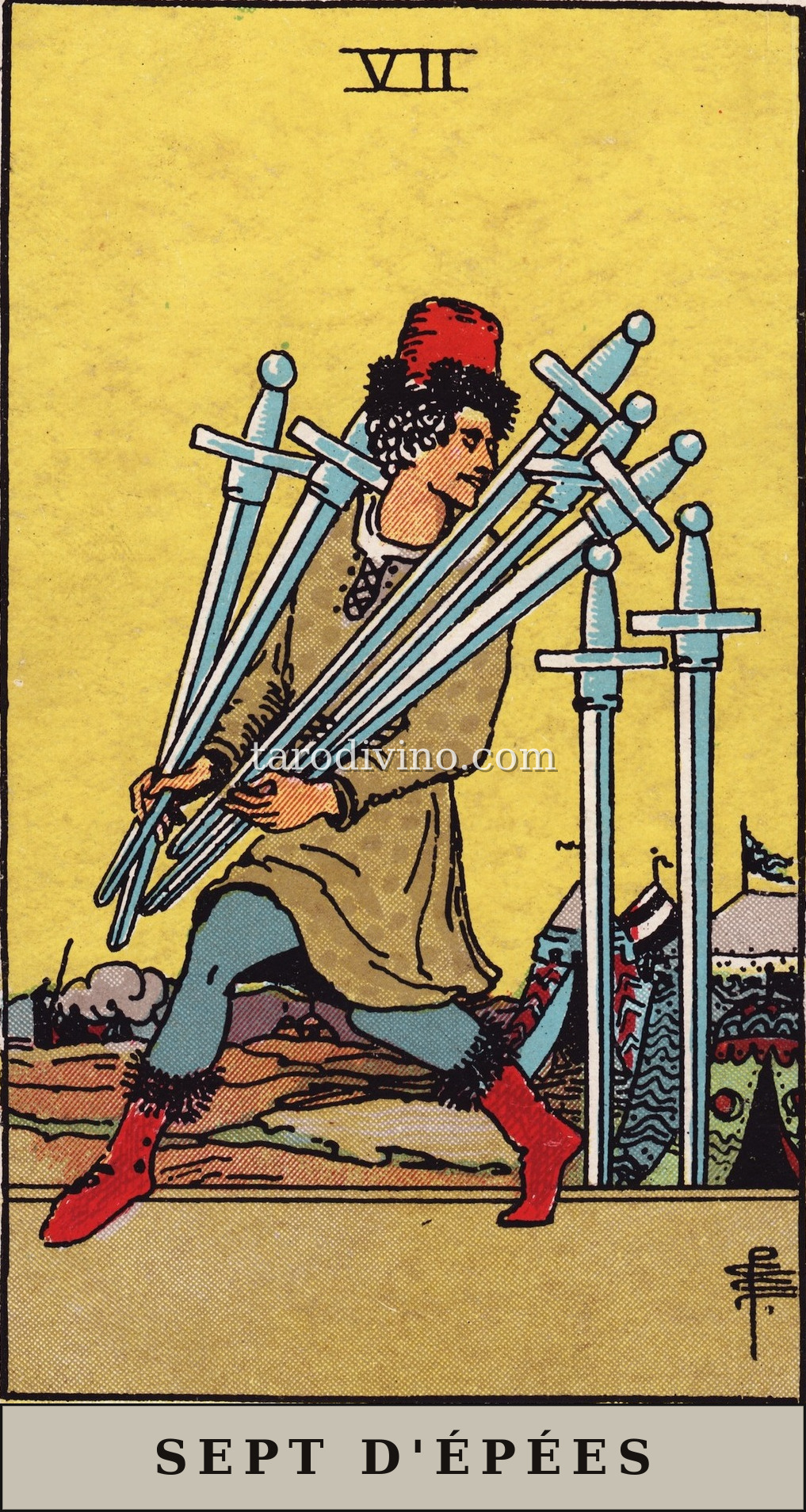 La carte Sept d'Épées du tarot Rider-Waite-Smith