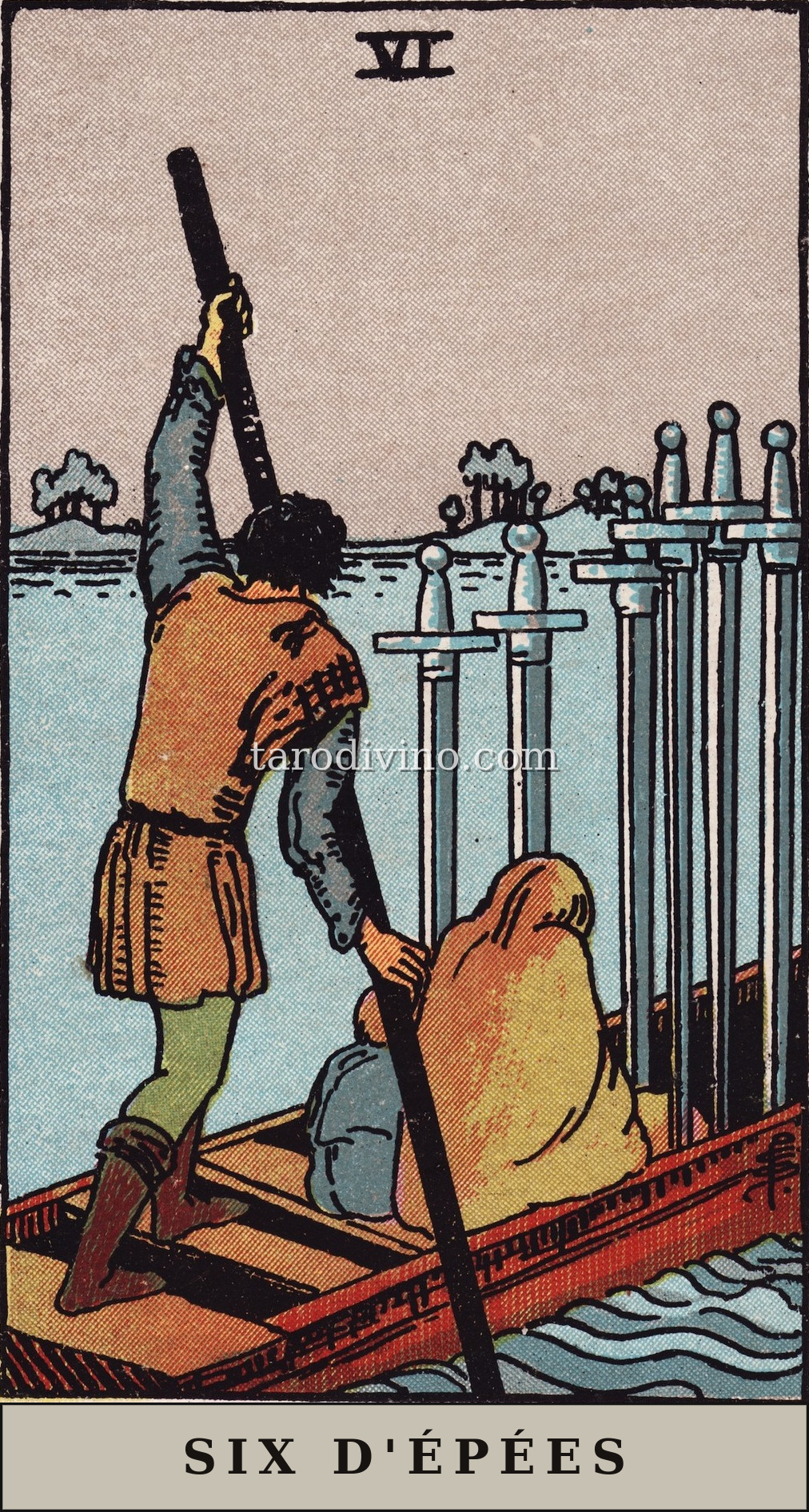 La carte Six d'Épées du tarot Rider-Waite-Smith