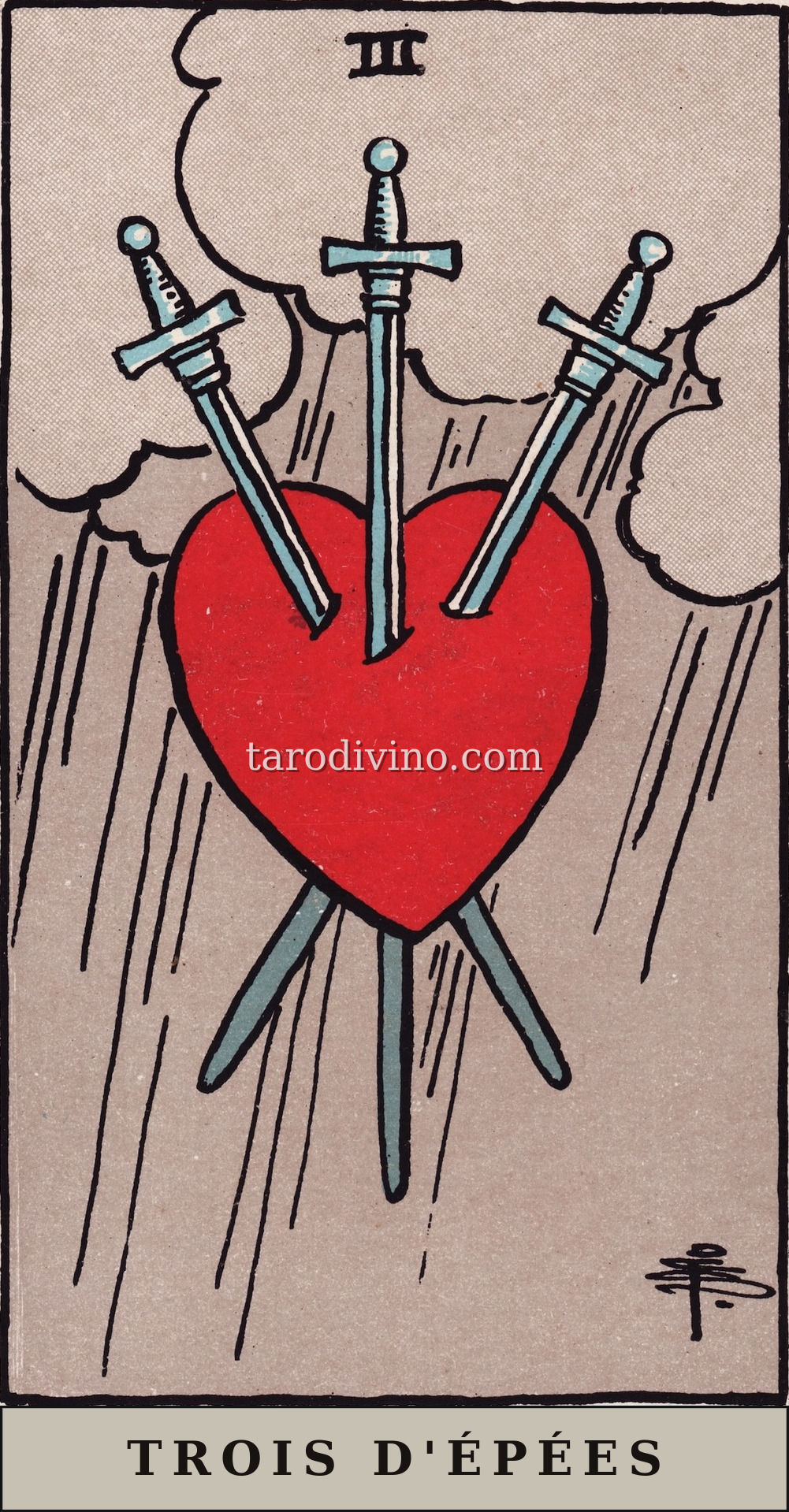 La carte Trois d'Épées du tarot Rider-Waite-Smith