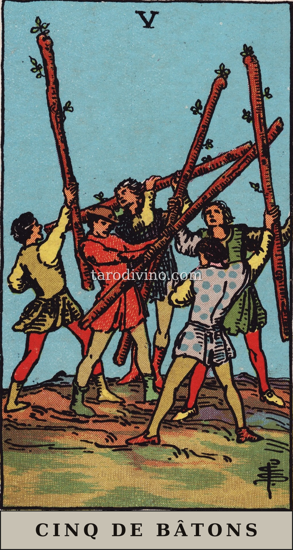 La carte Cinq de Bâtons du tarot Rider-Waite-Smith