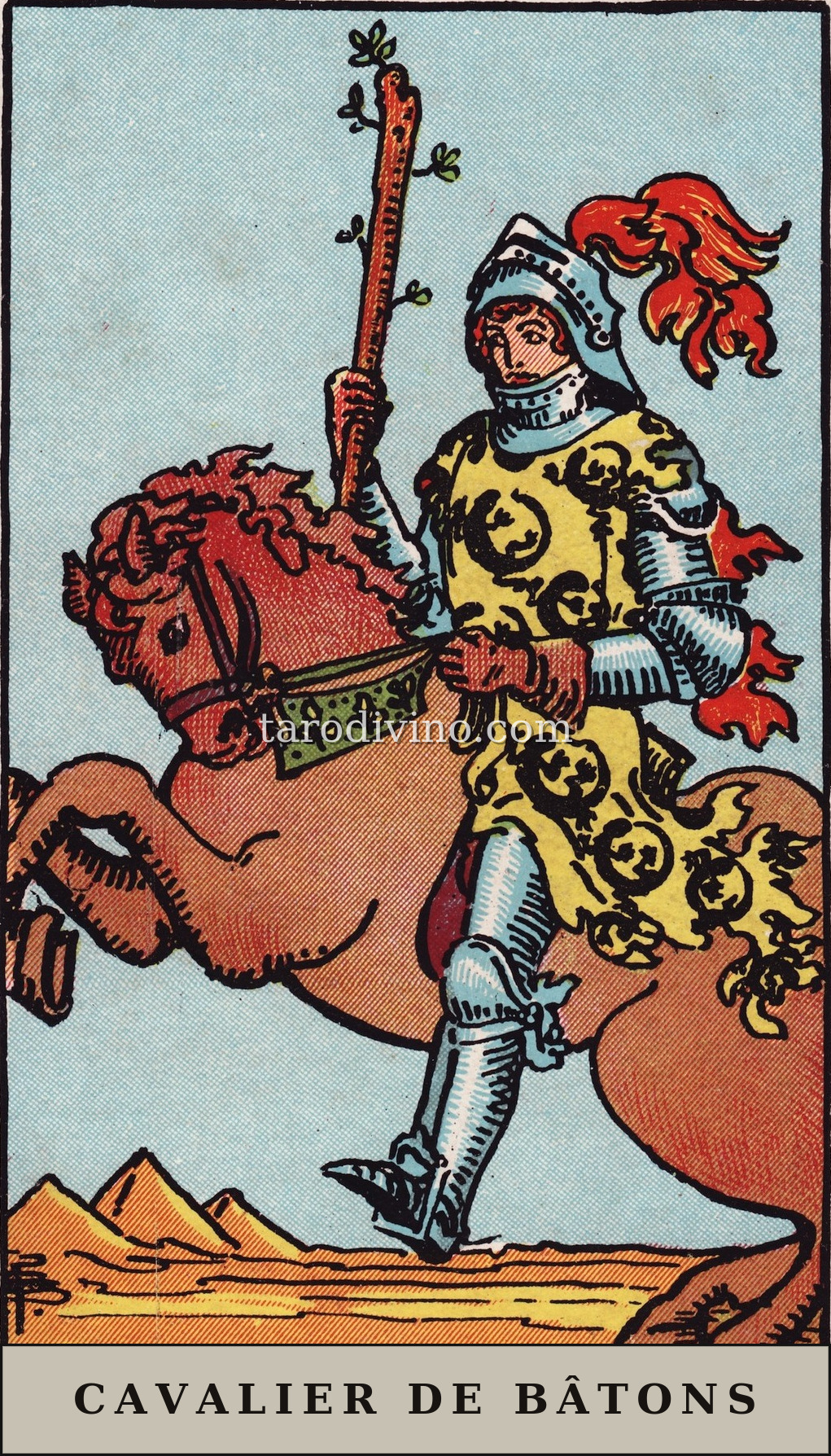 La carte Cavalier de Bâtons du tarot Rider-Waite-Smith
