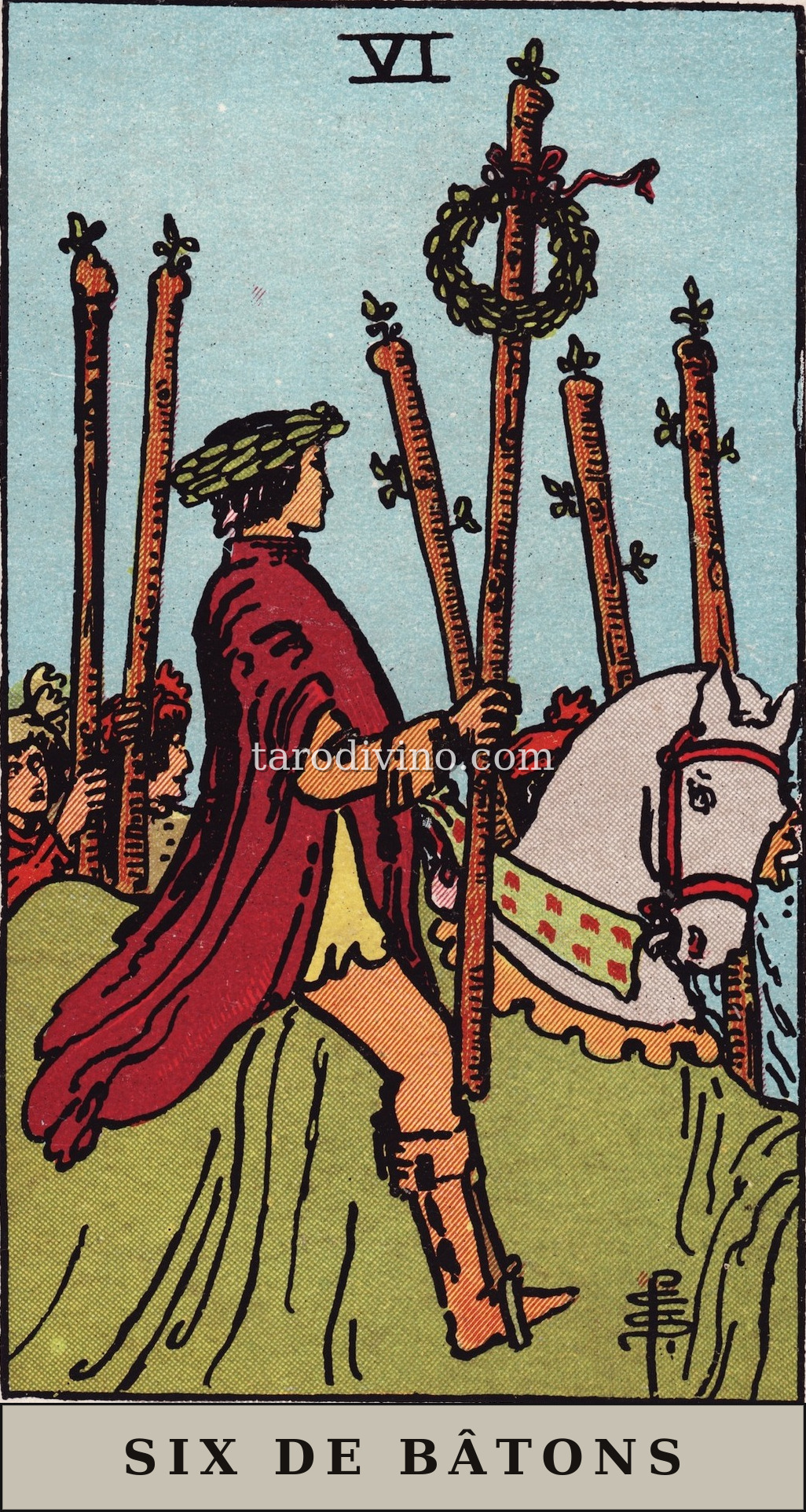 La carte Six de Bâtons du tarot Rider-Waite-Smith