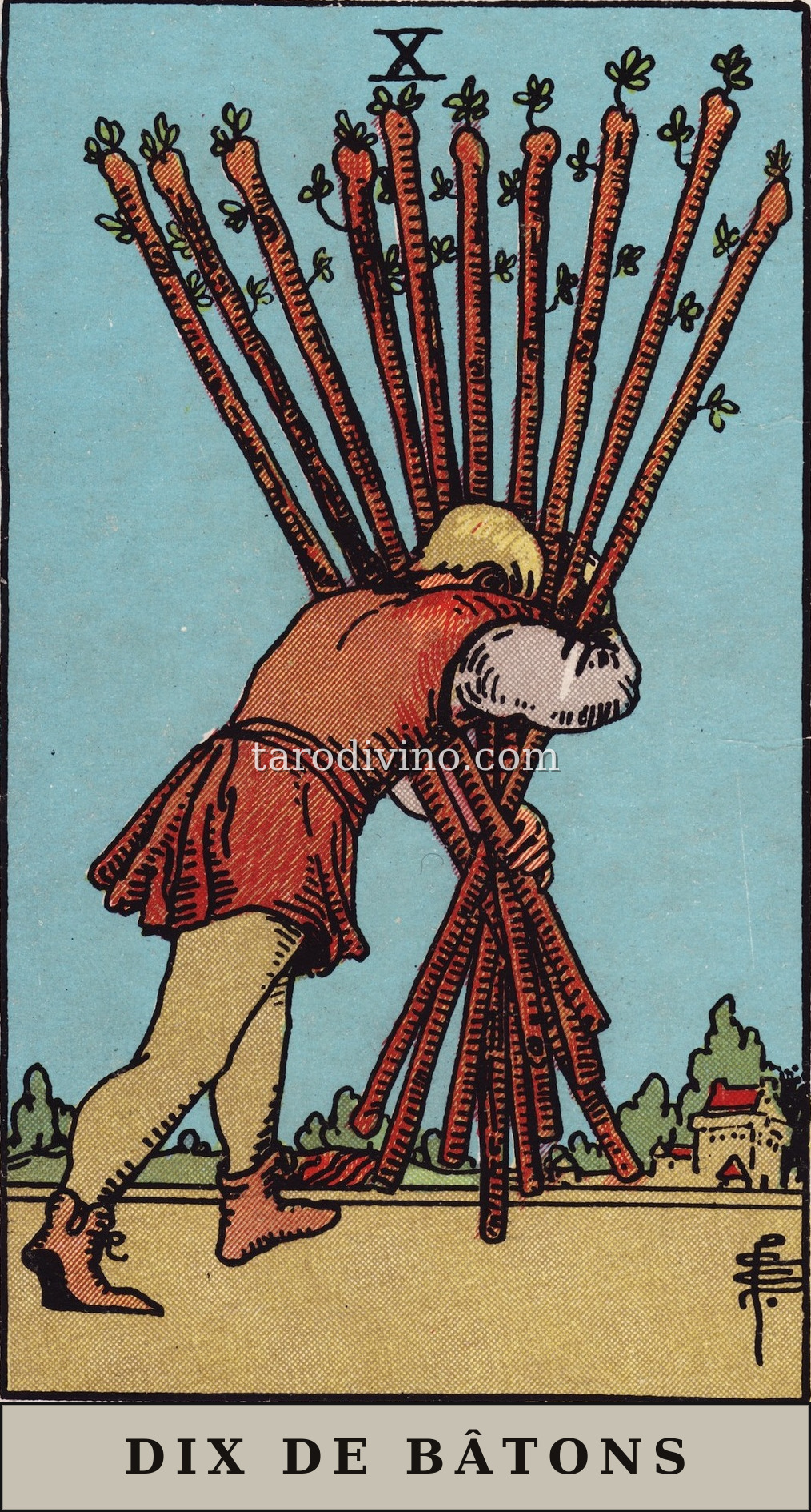 La carte Dix de Bâtons du tarot Rider-Waite-Smith