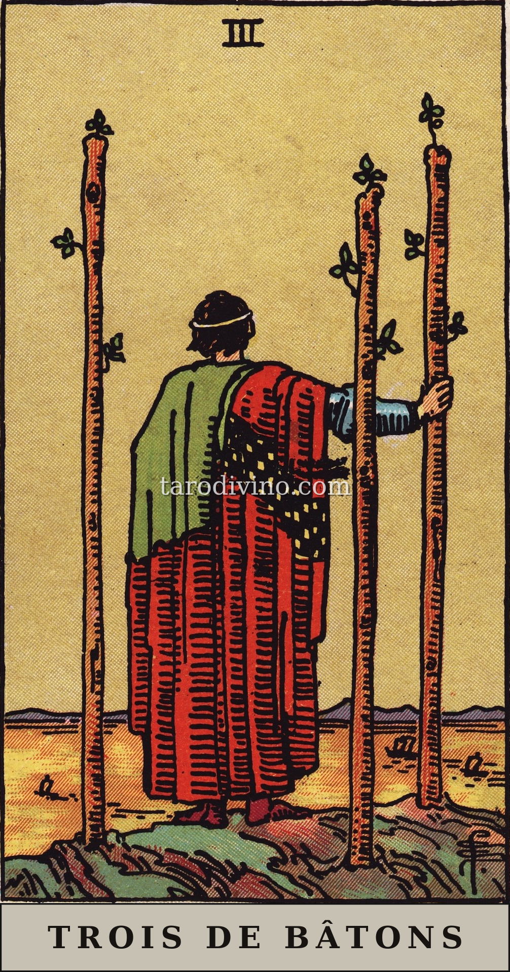 La carte Trois de Bâtons du tarot Rider-Waite-Smith